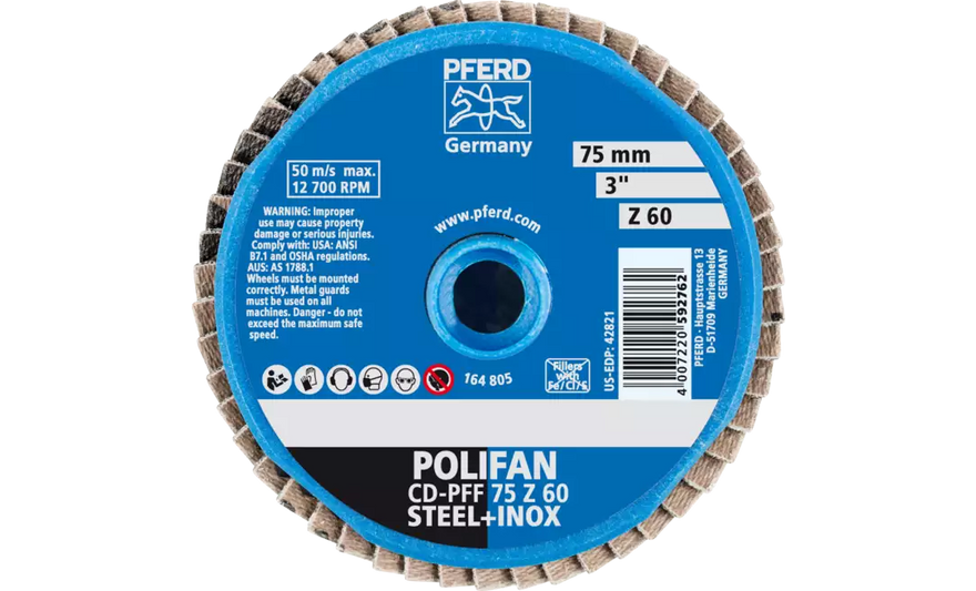 Pferd 42821 Mini Polifan Flap Disc | 3" Diameter | Zirconia Alumina 60 Grit | Type CD | Sold by Box of 10