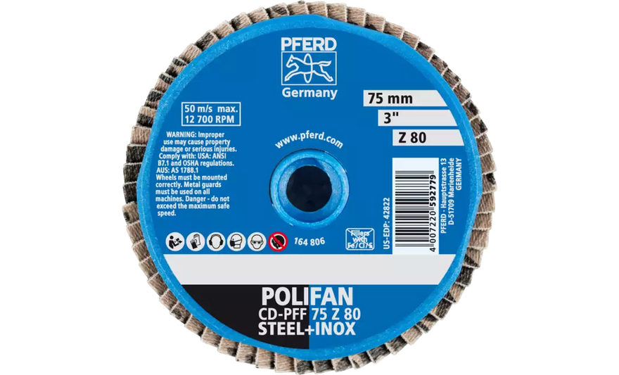 Pferd 42822 Mini Polifan Flap Disc | 3" Diameter | Zirconia Alumina 80 Grit | Type CD | Sold by Box of 10