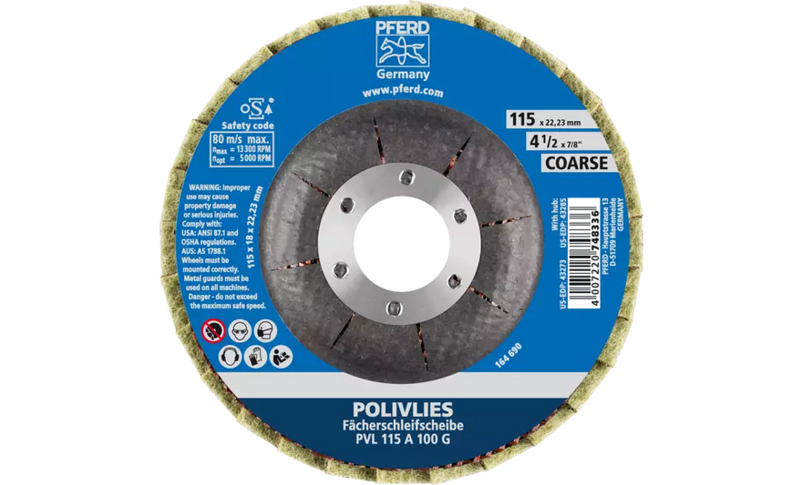 Pferd 43273 Polivlies Flap Disc | 4-1/2" Diameter | 7/8" Arbor Hole | Aluminum Oxide 100 Grit | Sold by Box of 5