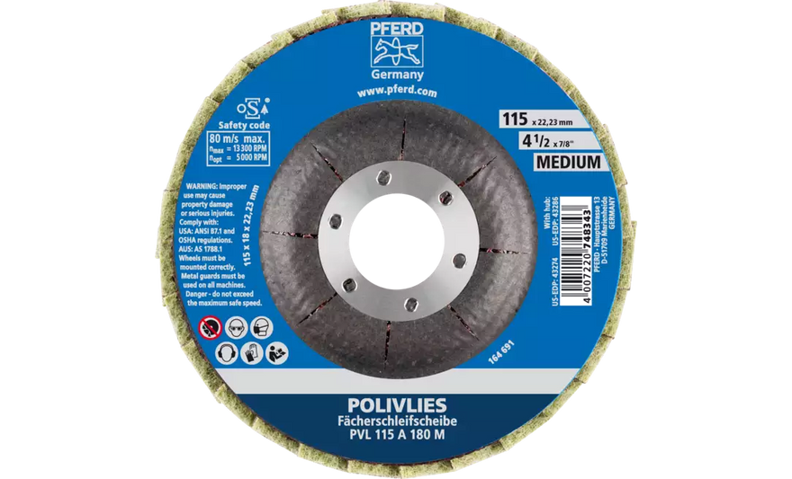 PFERD 43274 Polivlies Flap Disc | 7/8" Arbor Hole | 4-1/2" Diameter | Aluminum Oxide 180 Grit | Fine Grade | Sold by Box of 5