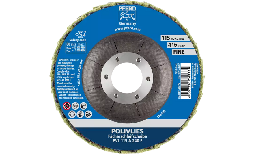 Pferd 43275 Polivlies Flap Disc | 4-1/2" Diameter | 7/8" Arbor Hole | Aluminum Oxide 240 Grit | Sold by Box of 5