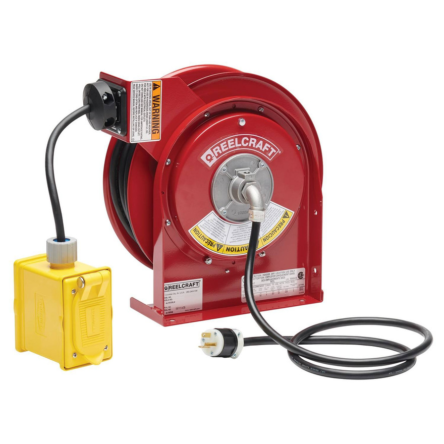 Reelcraft L 4545 123 7A Heavy Duty Power Cord Reel | 125 Volt / 20 Amp | 45 Ft. Cable Length | Duplex Outlet Box w/GFCI (F)