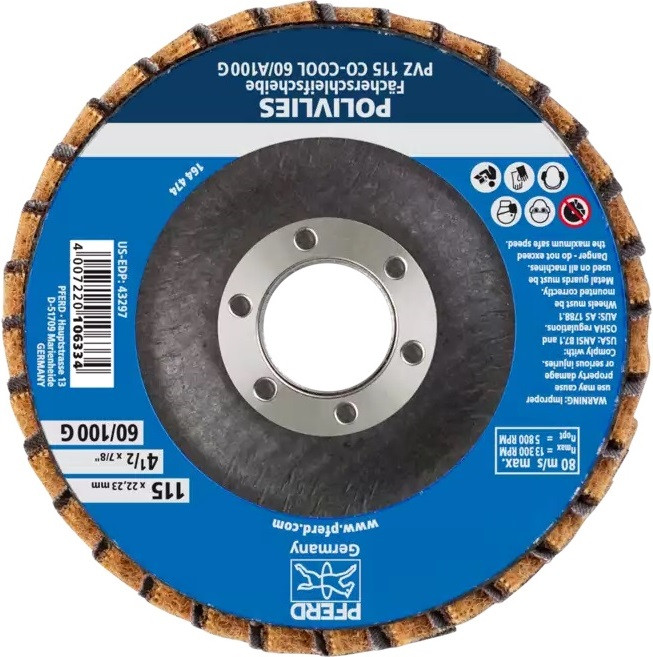 PFERD 43309 Polivlies Non-Woven Flap Disc | 5/8-11" Threaded Hub | 4-1/2" Diameter | 13,300 RPM | 100 C Grit Size | Sold by Box of 5