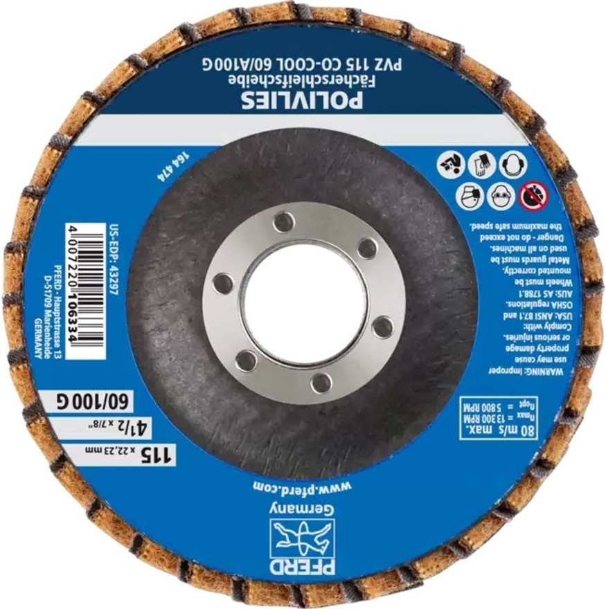 PFERD 43314 Polivlies Non-Woven Flap Disc | 5/8-11" Threaded Hub | 5" Diameter | 12,200 RPM | 240 F Grit Size | Sold by Box of 5