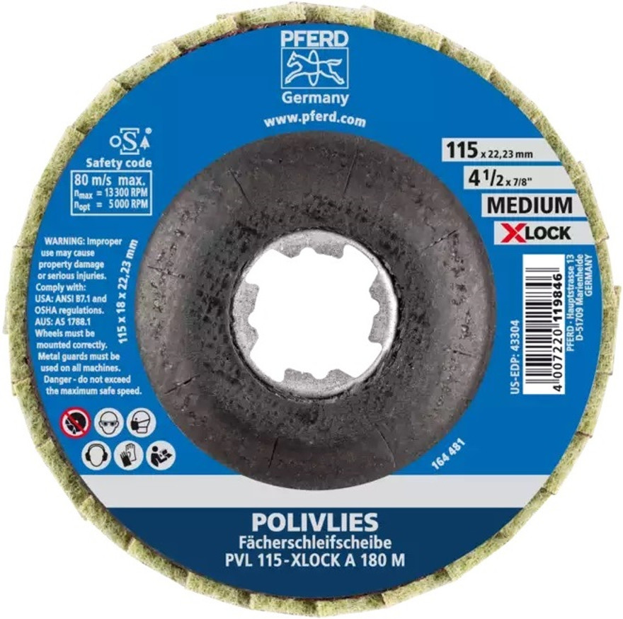 PFERD 43304 Polivlies AO Flap Disc | 7/8" X-LOCK | 4-1/2" Diameter | 13,300 RPM | 180 M Grit Size | Sold by Box of 5