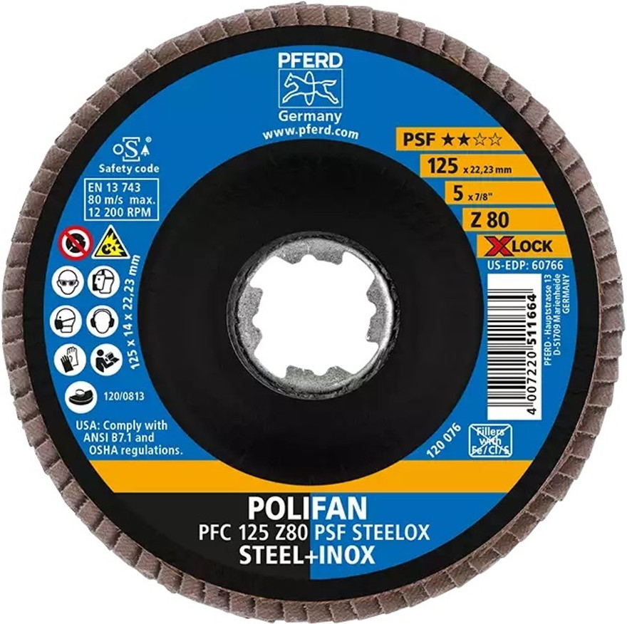 PFERD 60764 Polifan Flap Disc | 7/8" X-Lock | 5" Diameter | 12,200 RPM | 40 Grit Size | Sold by Box of 10