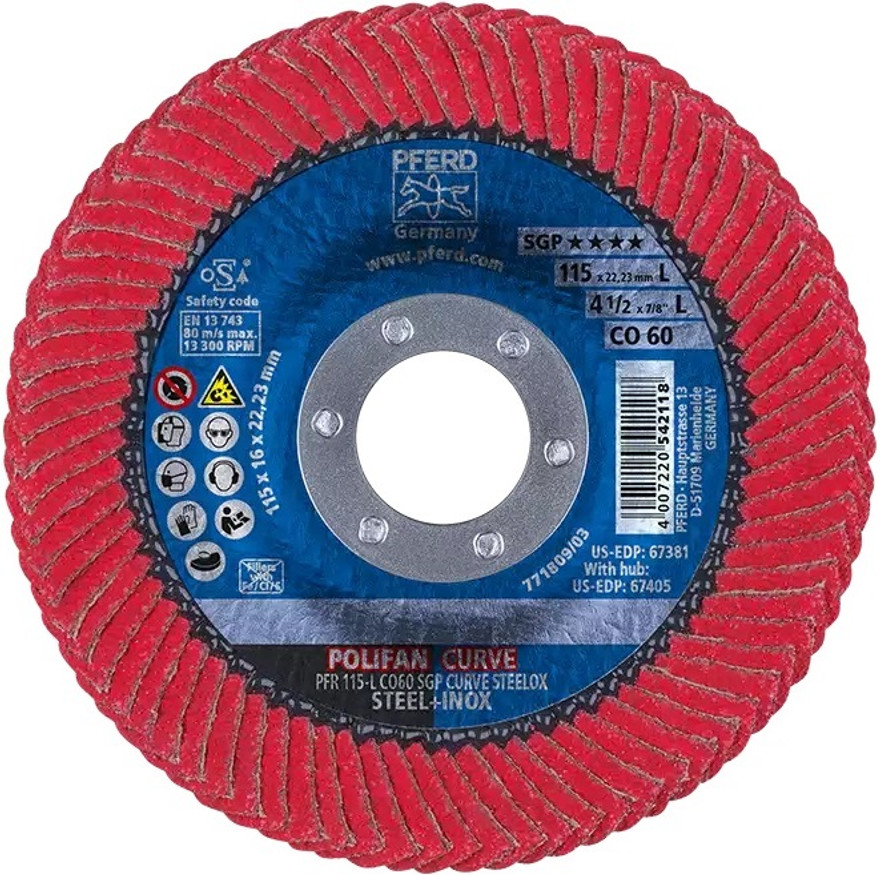 PFERD 67258 Polifan Flap Disc | 7/8" Arbor Hole | 4-1/2" Diameter | 13,300 RPM | 60 Grit Size | Sold by Box of 10 PFERD 67258 Polifan Flap Disc | 7/8" Arbor Hole | 4-1/2" Diameter | 13,300 RPM | 60 Grit Size | Sold by Box of 10