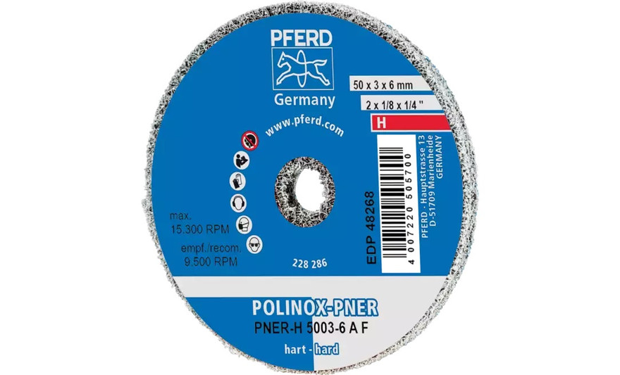 Pferd 48268 2" x 1/8" Non Woven Polinox Unitized Wheel | 15,300 Max. RPM | Aluminum Oxide Fine Grit | Hard | 8AM