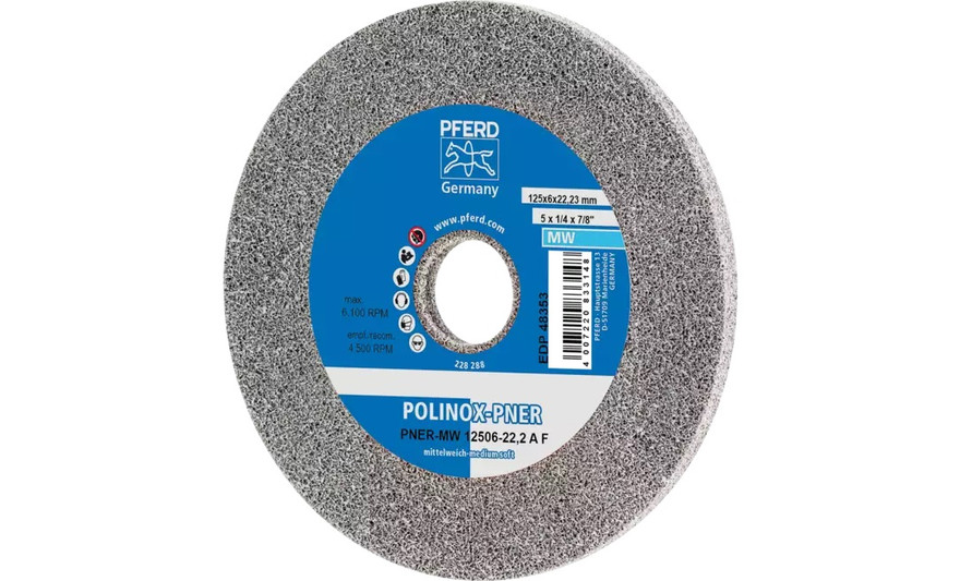 Pferd 48353 5" x 1/4" Non Woven Polinox Unitized Wheel | 6,100 Max. RPM | Aluminum Oxide Fine Grit | Medium Soft | 3AF