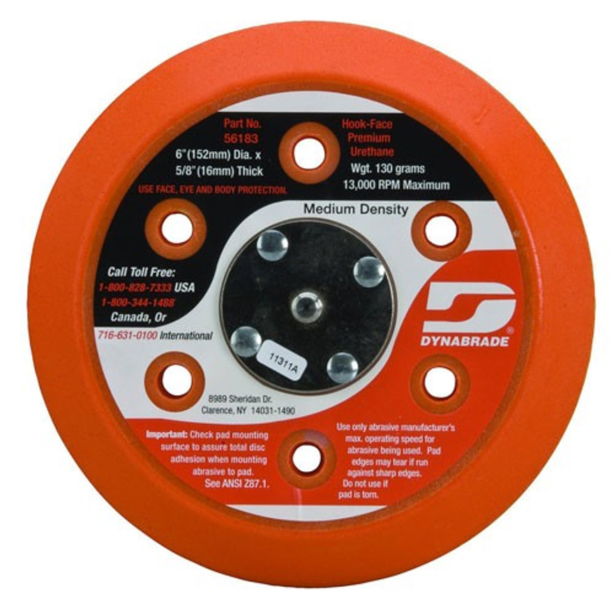Dynabrade 56156 Vacuum Disc Pad | 6" Pad Size | 3/8" Thickness | Hook-Face | Soft Density | Short Nap
