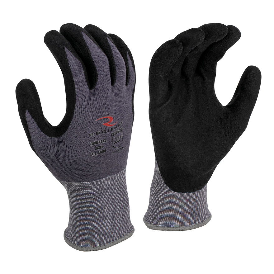 Radians RWG13XXL Nylon Foam Nitrile Gripper Gloves | Elastic Cuff | Gray | 2X-Large Size | Case of 10 Boxes of 12 Pairs in Each Box