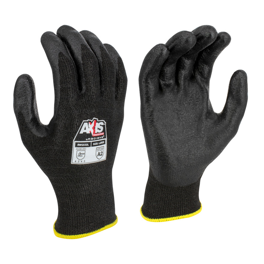 Radians RWG532L AXIS A2 Cut Protection Work Gloves | Touchscreen | Black | Large Size | Case of 10 Boxes of 12 Pairs in Each Box