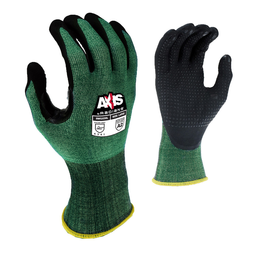 Radians RWG538XS AXIS A2 Cut Protection Work Gloves | Foam Nitrile Dotted Palm | Green | X-Small Size | Case of 10 Packs of 12 Pairs in Each Pack