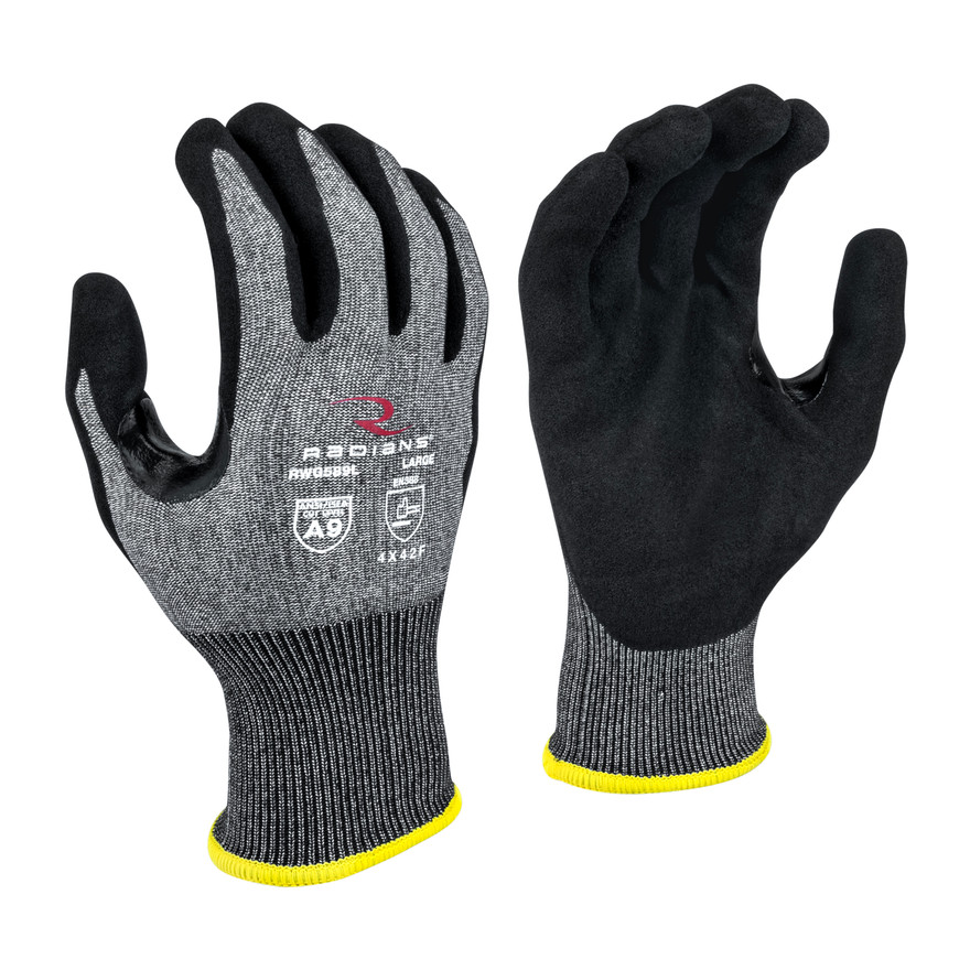 Radians RWG589L A9 Cut Protection Work Gloves | Sandy Foam Nitrile Palm | Black | Large Size | Box of 12 Pairs