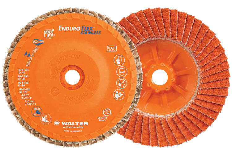 Walter Surface Technologies 06F454 ENDURO-FLEX STAINLESS Flap Disc | 5/8" - 11 Arbor Hole | 4-1/2" Diameter | 13300 Max. RPM | Ceramic 40 Grit | Sold by Box of 10