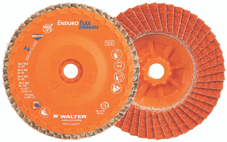 Walter Surface Technologies 15Q462 ENDURO-FLEX STAINLESS Flap Disc | 7/8" Arbor Hole | 4-1/2" Diameter | 13300 Max. RPM | Ceramic 120 Grit | Sold by Box of 10
