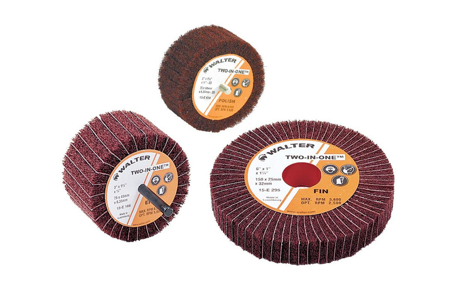 Walter Surface Technologies 15E162 TWO-IN-ONE Flap Wheel | 1-3/4" Arbor Hole | 3" Diameter | 8000 Max. RPM | Aluminum Oxide 150 Grit | Sold by Box of 10