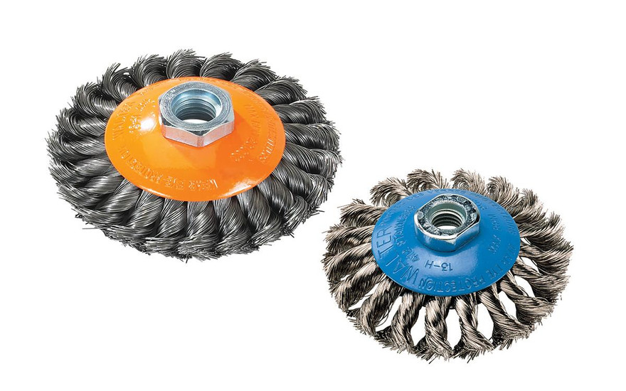Walter Surface Technologies 13H504 Saucer Cup Brush | Knot-Twisted | 5/8" - 11 Arbor Hole | 5" Diameter | 0.020" Wire Size | 15000 Max. RPM