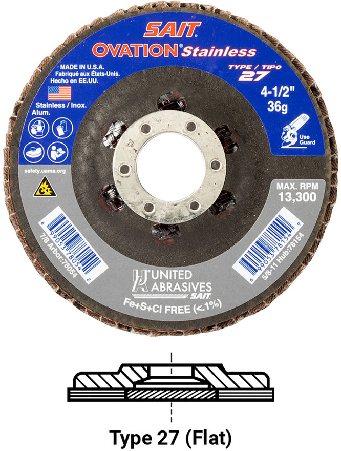 United Abrasives SAIT 78158 Ovation Stainless High Density Flap Disc | 4-1/2" Diameter | 5/8"-11 Arbor Hole | Aluminum Oxide 120 Grit | Type 27 | Sold by Pack of 10