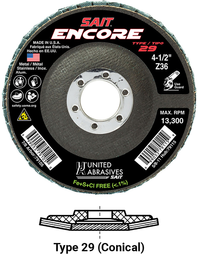 United Abrasives SAIT 71276 Encore Regular Density Flap Disc | 7" Diameter | 5/8"-11 Arbor Hole | Zirconium 40 Grit | Type 29 | Sold by Pack of 10