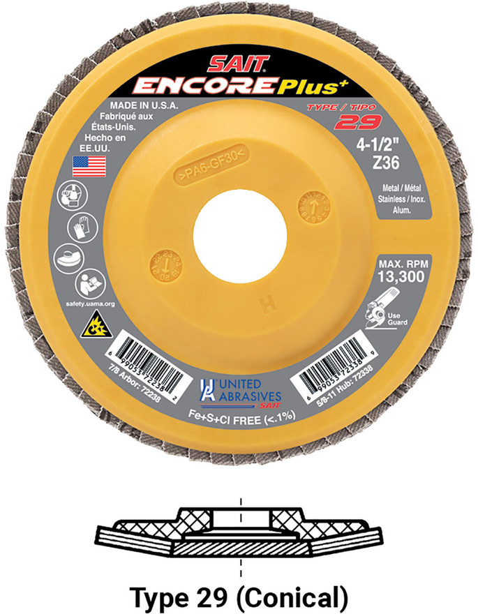 United Abrasives SAIT 72340 Encore Plus Regular Density Disc | 4-1/2" Diameter | 5/8"-11 Arbor Hole | Zirconium 60 Grit | Type 29 | Sold by Pack of 10