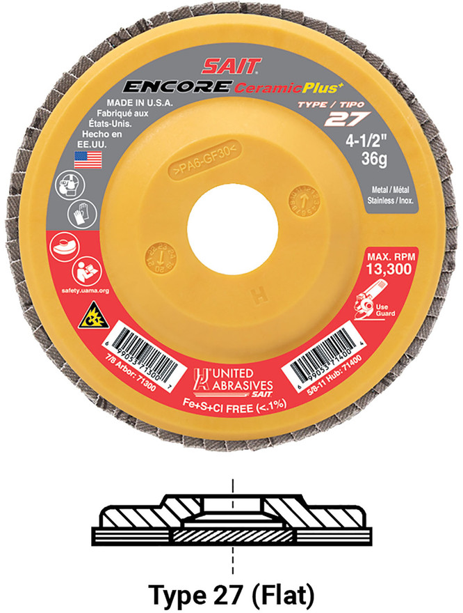 United Abrasives SAIT 71402 Encore Ceramic Plus Regular Density Disc | 4-1/2" Diameter | 5/8"-11 Arbor Hole | Ceramic 60 Grit | Type 27 | Sold by Pack of 10