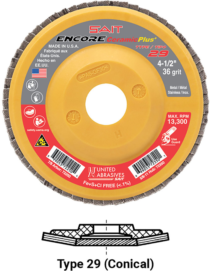 United Abrasives SAIT 72258 Encore Ceramic Plus Regular Density Disc | 5" Diameter | 7/8" Arbor Hole | Ceramic 60 Grit | Type 29 | Sold by Pack of 10