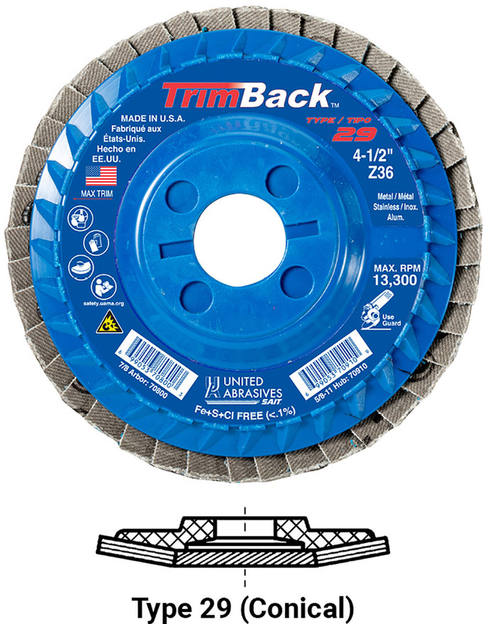 United Abrasives SAIT 70809 TrimBack Regular Density Flap Disc | 5" Diameter | 7/8" Arbor Hole | Zirconium 60 Grit | Type 29 | Sold by Pack of 10