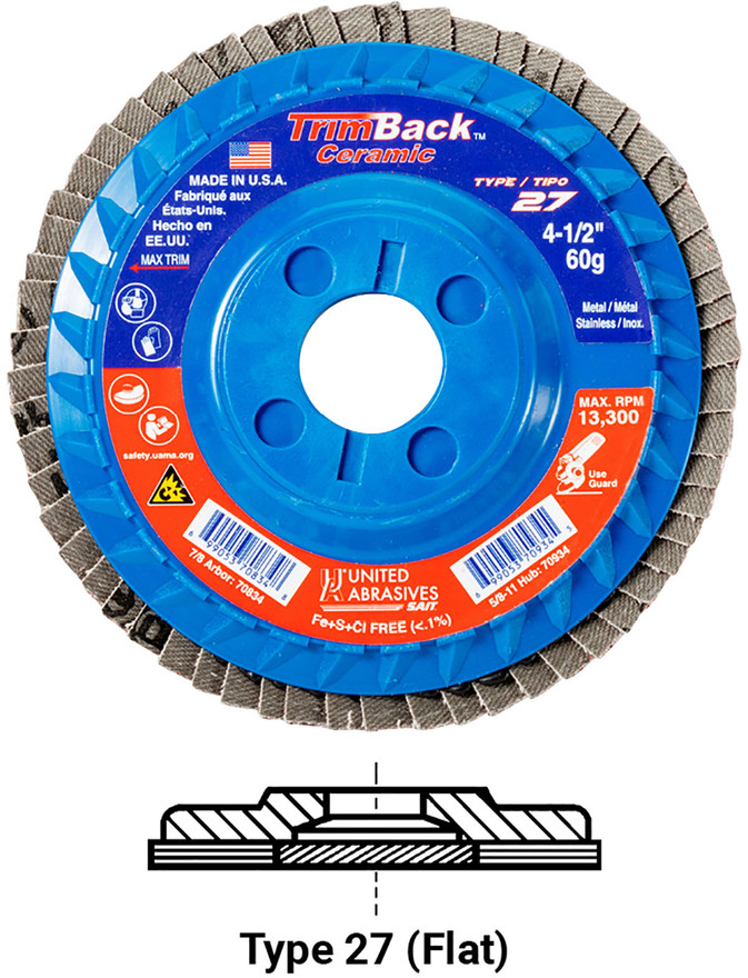 United Abrasives SAIT 70934 TrimBack Regular Density Flap Disc | 4-1/2" Diameter | 5/8"-11 Arbor Hole | Ceramic 60 Grit | Type 27 | Sold by Pack of 10