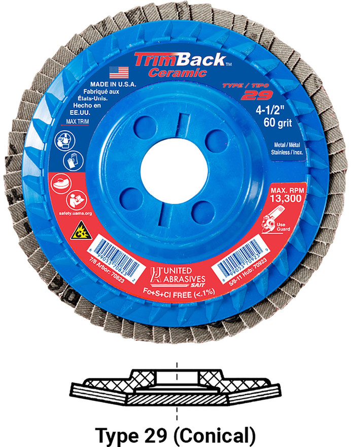 United Abrasives SAIT 70823 TrimBack Regular Density Flap Disc | 4-1/2" Diameter | 7/8" Arbor Hole | Ceramic 60 Grit | Type 29 | Sold by Pack of 10