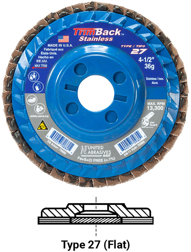 United Abrasives SAIT 70982 TrimBack Regular Density Flap Disc | 4-1/2" Diameter | 5/8"-11 Arbor Hole | Aluminum Oxide 60 Grit | Type 27 | Sold by Pack of 10