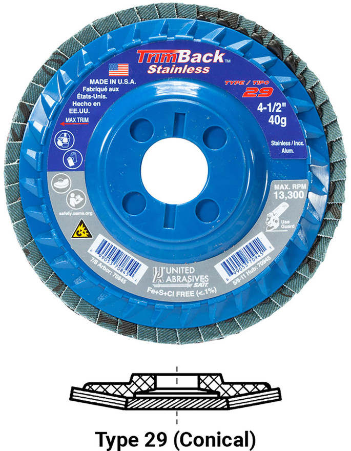 United Abrasives SAIT 70948 TrimBack Regular Density Flap Disc | 4-1/2" Diameter | 5/8"-11 Arbor Hole | Aluminum Oxide 120 Grit | Type 29 | Sold by Pack of 10