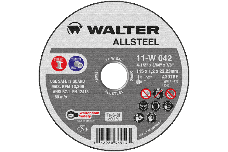 Allsteel 11W142 Cut-Off Wheel | Type 27 | 4-1/2" Diameter | 3/64" Thickness | 7/8" Arbor Hole | A-30 Grade | Sold by Box of 25