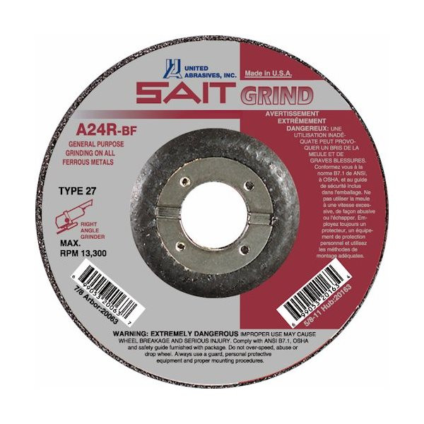 United Abrasives 1/4" Type 27 Aluminum Oxide Grinding Wheel | 20013 | 4" Diameter