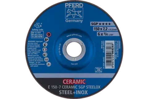 Pferd 60057 CERAMIC SGP STEELOX Type 27 Grinding Wheel | 6" Diameter | 7/8" Arbor Hole | 1/4" Thickness | Sold by Box of 10
