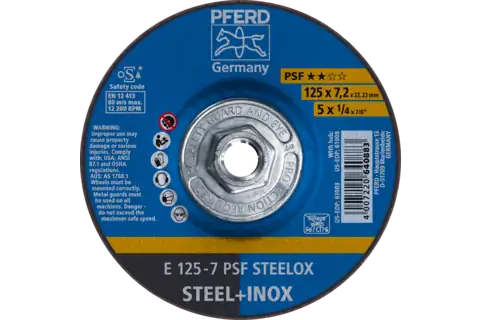 Pferd 61008 PSF STEELOX Type 27 Grinding Wheel | 5" Diameter | 5/8-11" Arbor Hole | 1/4" Thickness | Sold by Box of 10