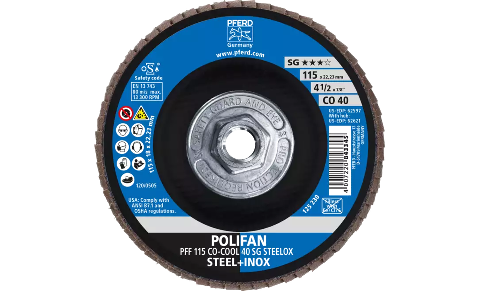 Pferd 62621 Polifan Flap Disc | 5/8-11" Arbor Hole | 4-1/2" Diameter | Ceramic Oxide 40 Grit | Type 27 | Sold by Box of 10