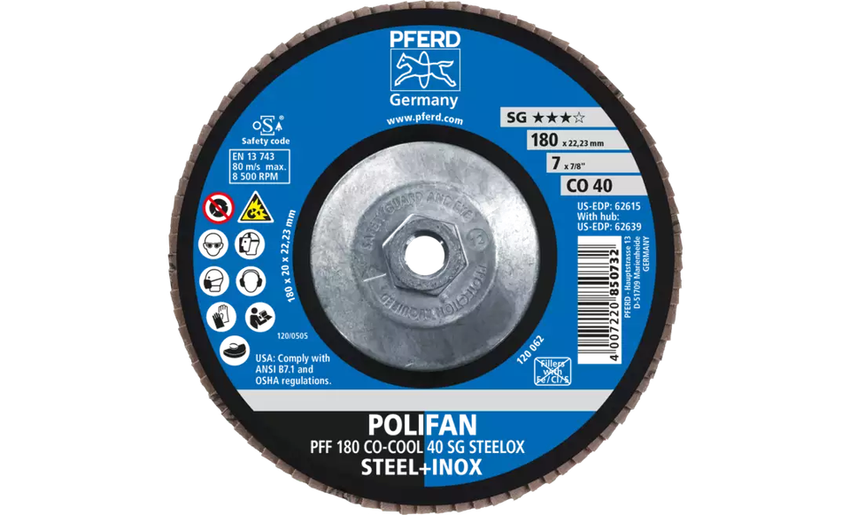 Pferd 62639 Polifan Flap Disc | 5/8-11" Arbor Hole | 7" Diameter | Ceramic Oxide 40 Grit | Type 27 | Sold by Box of 10
