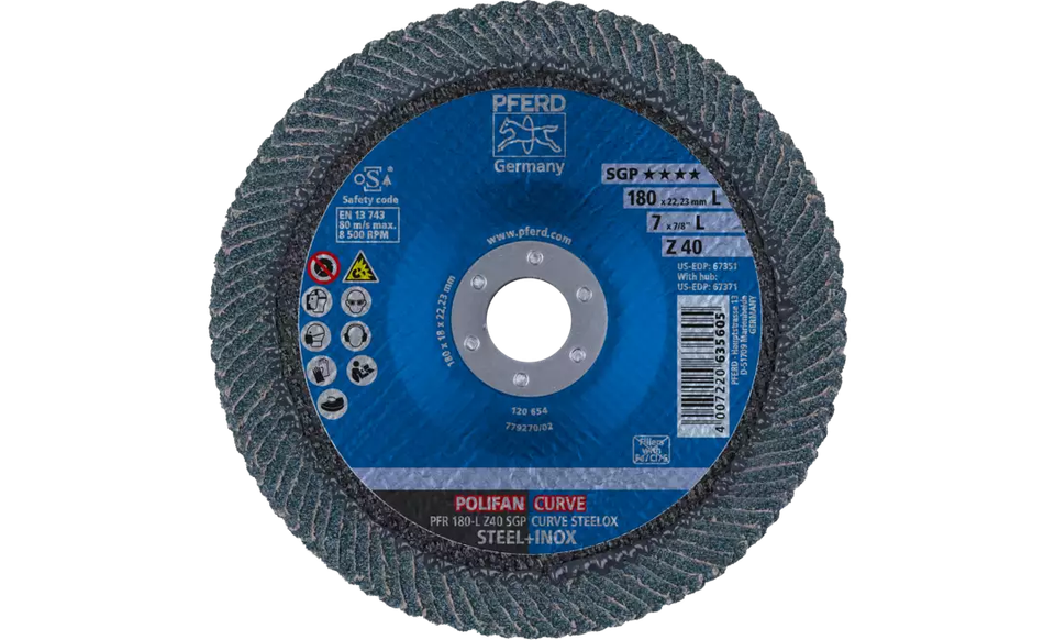 PFERD 67351 Polifan Flap Disc | 7/8" Arbor Hole | 7" Diameter | Zirconia Alumina 40 Grit | Radial Type | Sold by Box of 10