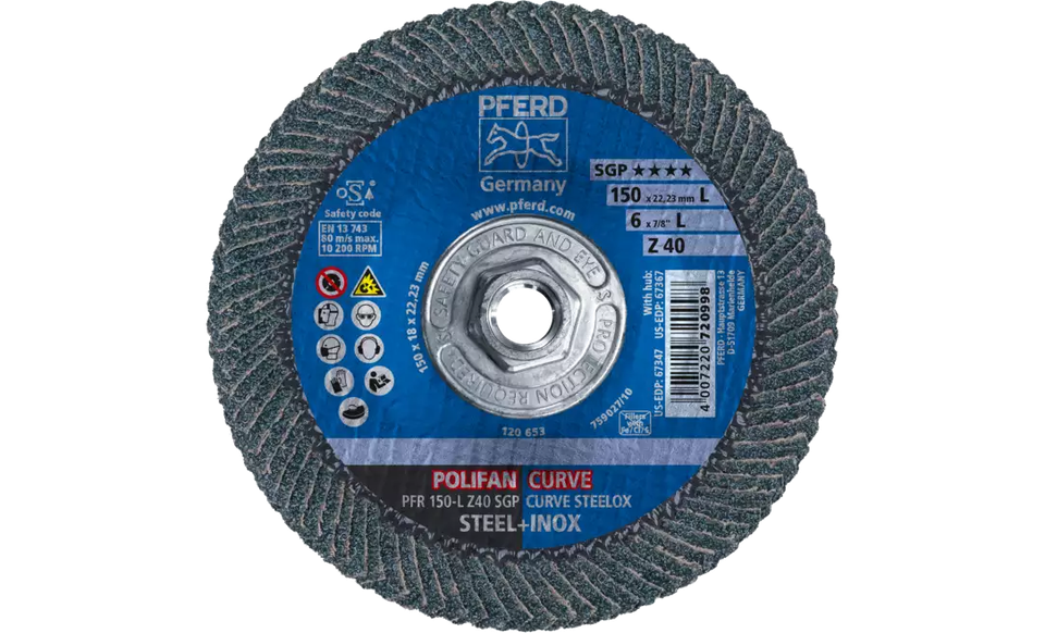 PFERD 67367 Polifan Flap Disc | 5/8-11" Arbor Hole | 6" Diameter | Zirconia Alumina 40 Grit | Radial Type | Sold by Box of 10