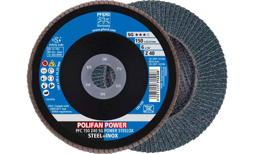 Pferd 62186 Polifan Flap Disc | 7/8" Arbor Hole | 6" Diameter | Zirconia Alumina 40 Grit | Type 29 | Sold by Box of 10