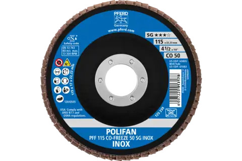 Pferd 60805 Polifan Flap Disc | 7/8" Arbor Hole | 4-1/2" Diameter | Ceramic Oxide 50 Grit | Type 27 | Sold by Box of 10