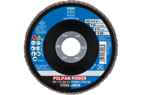 Pferd 62178 Polifan Flap Disc | 7/8" Arbor Hole | 4-1/2" Diameter | Zirconia Alumina 60 Grit | Type 27 | Sold by Box of 10