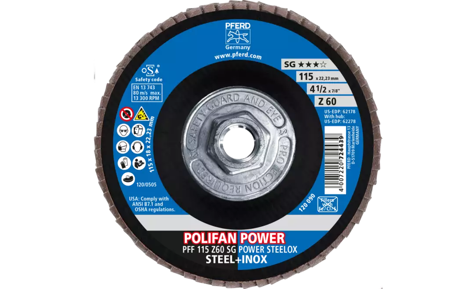 Pferd 62278 Polifan Flap Disc | 5/8-11" Arbor Hole | 4-1/2" Diameter | Zirconia Alumina 60 Grit | Type 27 | Sold by Box of 10
