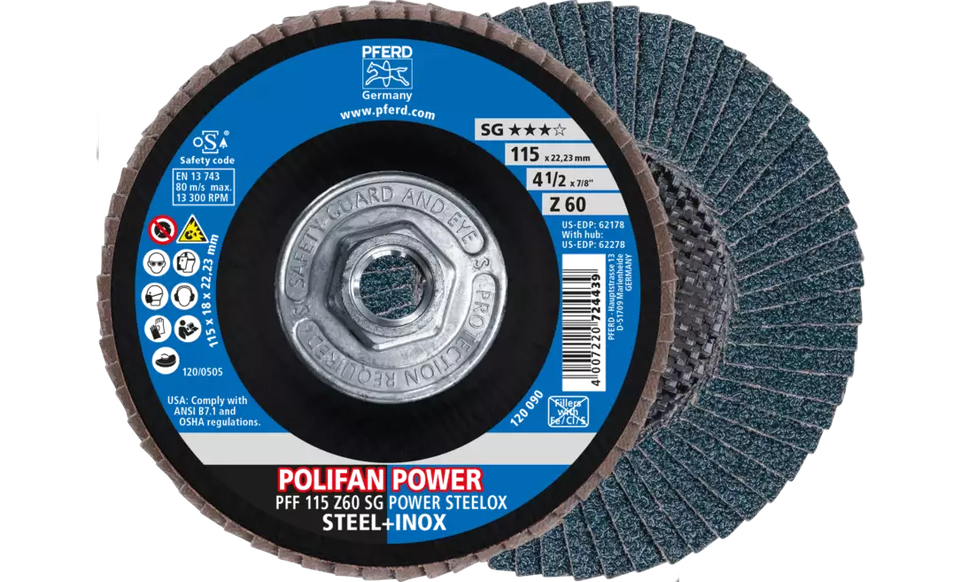 Pferd 62278 Polifan Flap Disc | 5/8-11" Arbor Hole | 4-1/2" Diameter | Zirconia Alumina 60 Grit | Type 27 | Sold by Box of 10