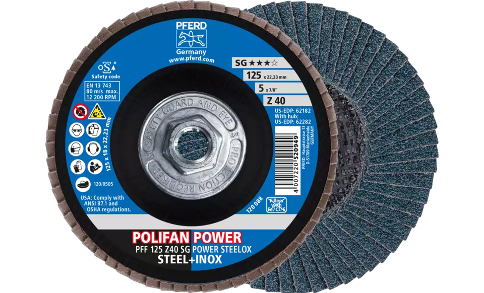 Pferd 62282 Polifan Flap Disc | 5/8-11 Arbor Hole | 5" Diameter | Zirconia Alumina 40 Grit | Type 27 | Sold by Box of 10