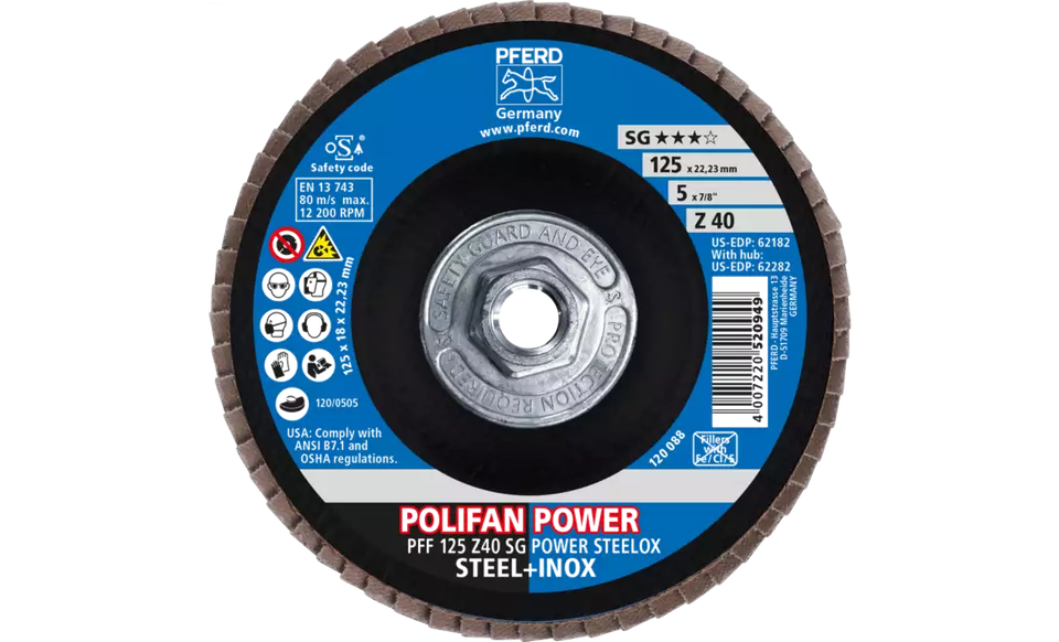Pferd 62282 Polifan Flap Disc | 5/8-11 Arbor Hole | 5" Diameter | Zirconia Alumina 40 Grit | Type 27 | Sold by Box of 10