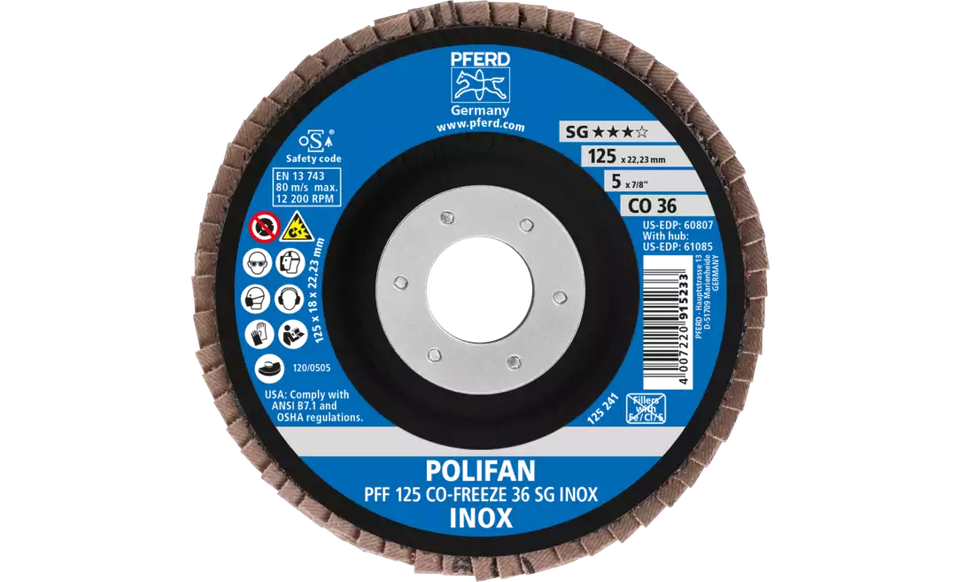 Pferd 60807 Polifan Flap Disc | 7/8" Arbor Hole | 5" Diameter | Ceramic Oxide 36 Grit | Type 27 | Sold by Box of 10