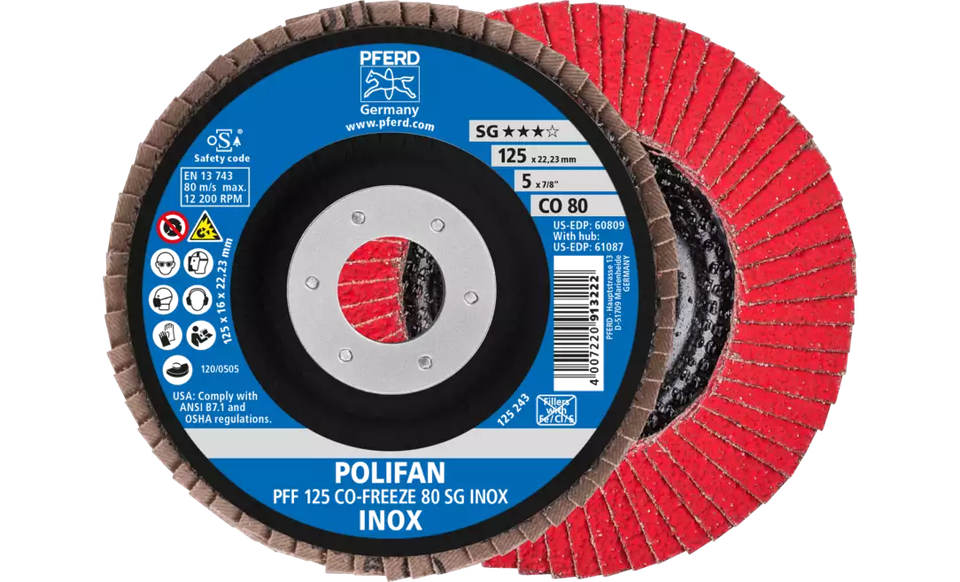 Pferd 60809 Polifan Flap Disc | 7/8" Arbor Hole | 5" Diameter | Ceramic Oxide 80 Grit | Type 27 | Sold by Box of 10