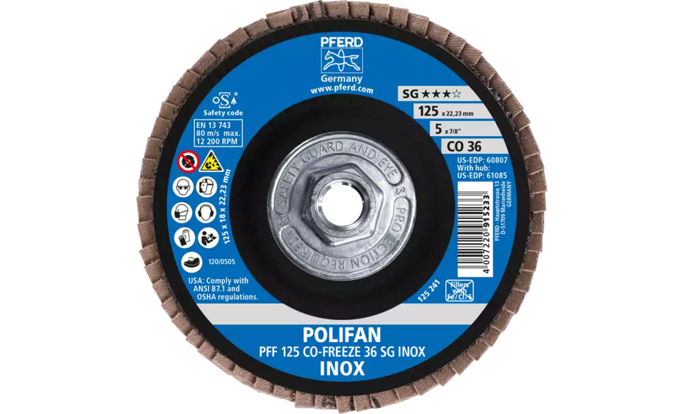 Pferd 61085 Polifan Flap Disc | 5/8-11" Arbor Hole | 5" Diameter | Ceramic Oxide 36 Grit | Type 27 | Sold by Box of 10